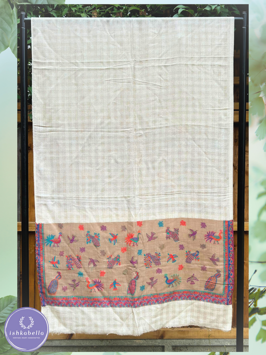 Bird Motif 100% Cashmere Pashmina Stole – Beige & Light Brown | ishkabella