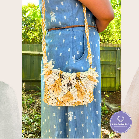Handwoven White & Mustard Macramé Sling Bag – Handmade Feminine Boho Crossbody