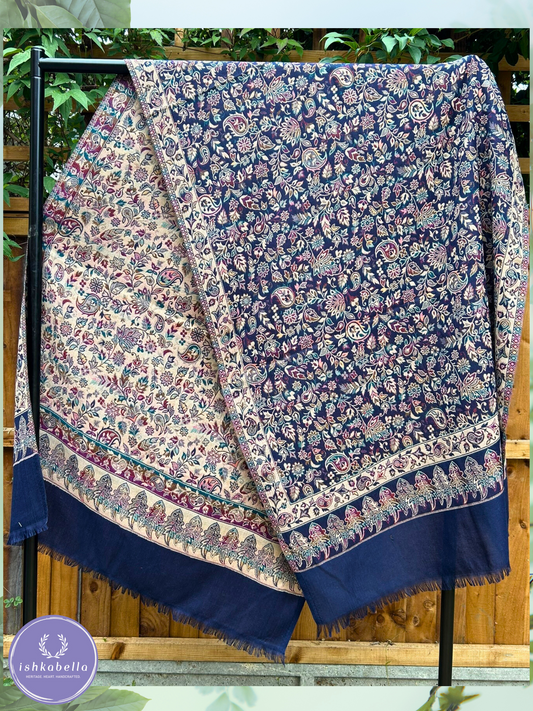 Reversible Wool Silk blend Floral Stole – Navy Blue & Beige Bloom | ishkabella