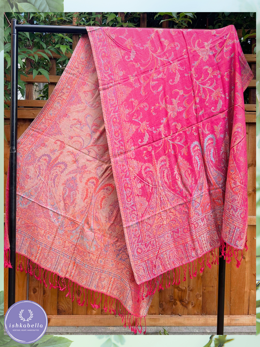 Reversible Woven Wool Silk blend Stole – Royal Pink & Khaki with All-Over Motif | ishkabella