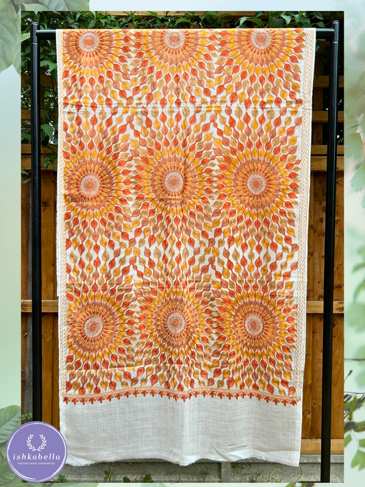Ari Embroidered 100% Cashmere Pashmina Stole – Sea Shell White with Rust & Orange Sun Motifs | ishkabella