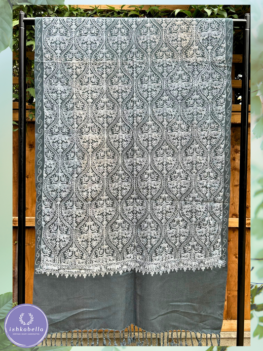 Embroidered Rich Wool blend Stole – Deep Grey Allure | ishkabella