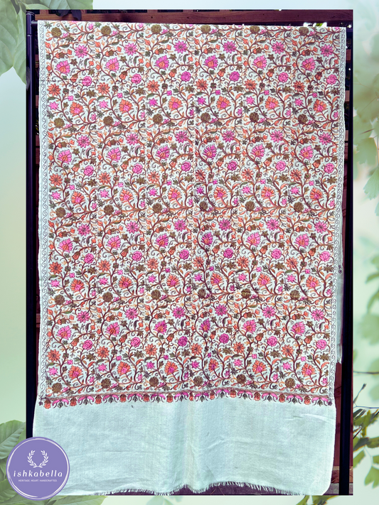 Ari Embroidered 100% Cashmere Pashmina Stole – Off-White with Detailed Pink Orange Brown Floral Motifs | ishkabella