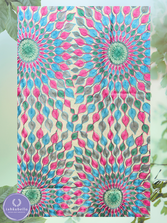 Ari Embroidered 100% Cashmere Pashmina Stole – Off-White with Blue & Pink Sun Motifs | ishkabella