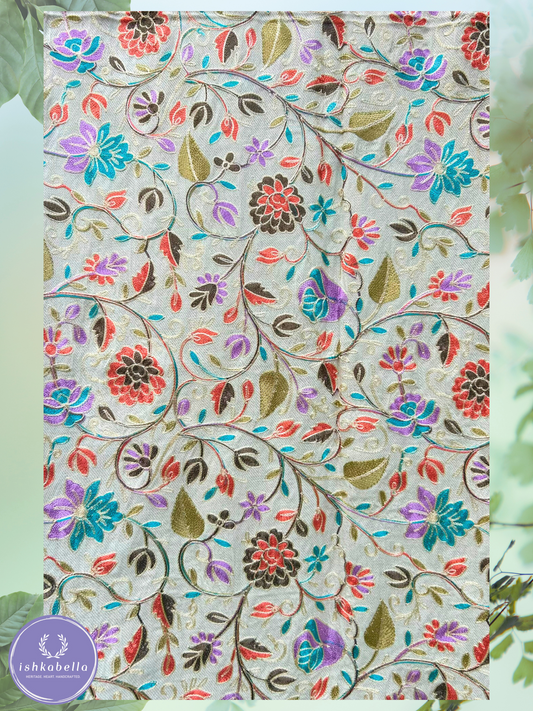 Ari Embroidered 100% Cashmere Pashmina Stole – Ivory with Orange & Blue Motifs | ishkabella