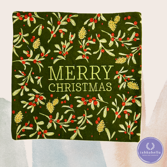 ‘Merry Christmas’ Embroidered Cushion Cover – Green Base