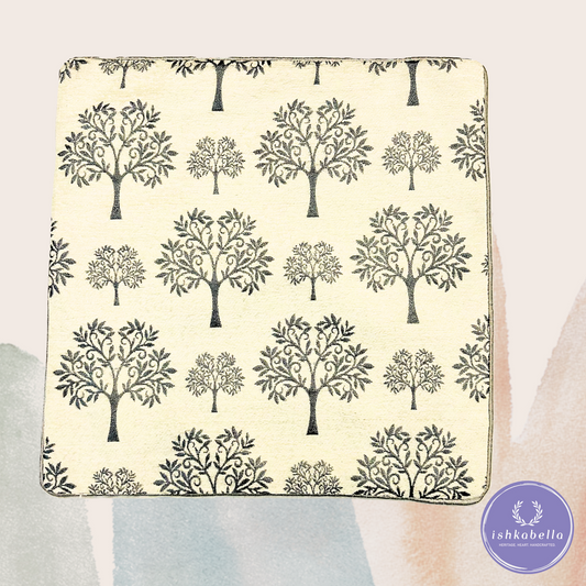 Tree Motif Embroidered Cushion Cover – White Cotton Base