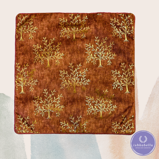 Gold Printed Tree Cushion Cover – Reddish Maroon Cotton Velvet