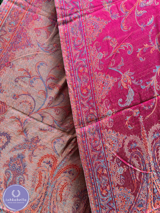 Reversible Woven Wool Silk blend Stole – Royal Pink & Khaki with All-Over Motif | ishkabella