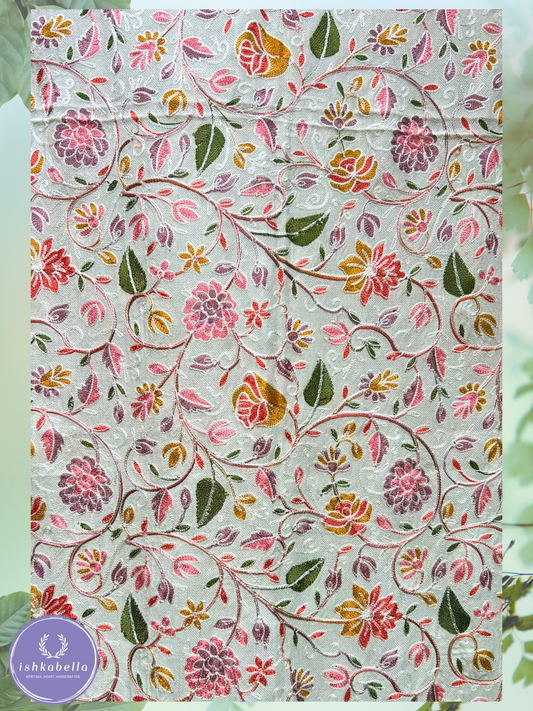 Ari Embroidered 100% Cashmere Pashmina Stole – Off-White with Pink & Yellow Floral Motifs | ishkabella