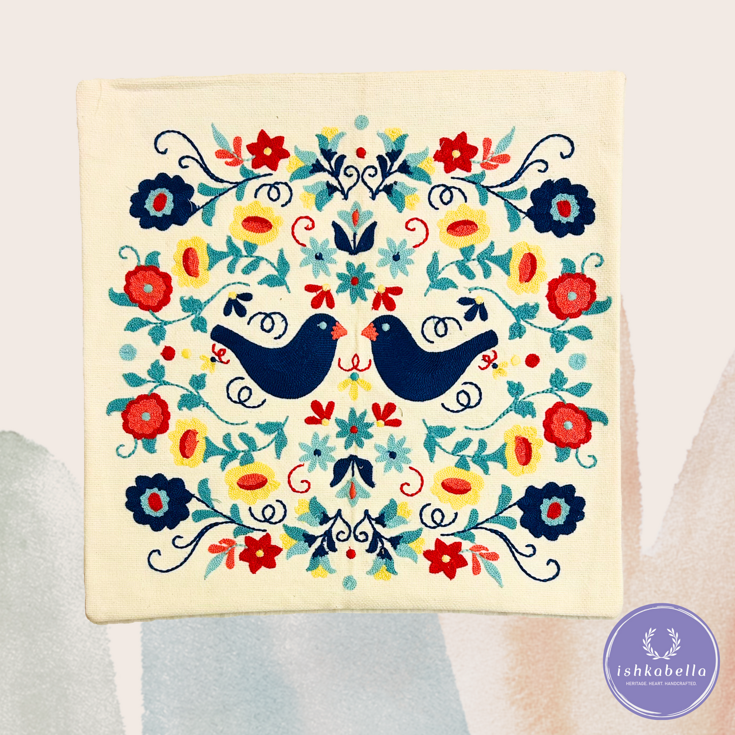Embroidered Cotton Cushion Cover -  Elegant Indian textile art of birds and flowers