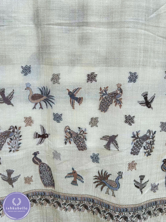 Bird Motif 100% Cashmere Pashmina Stole – Grey & White | ishkabella