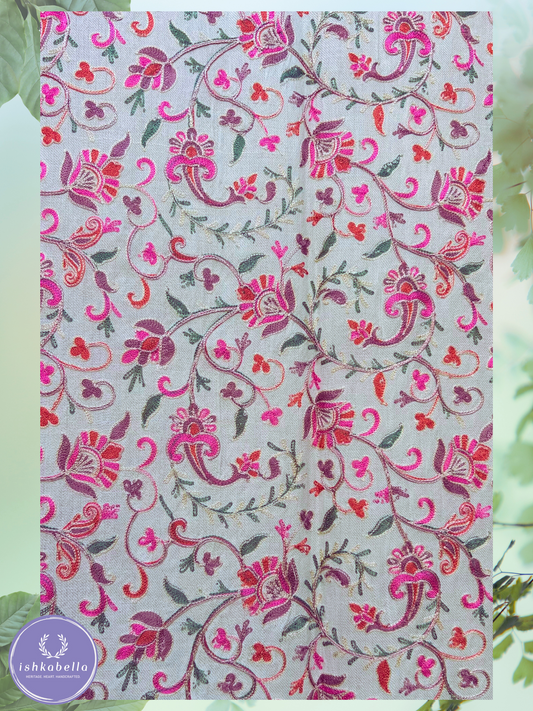 Ari Embroidered 100% Cashmere Pashmina Stole – White with Pink Paisley Floral Motifs | ishkabella
