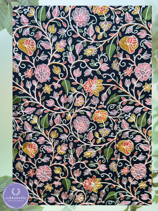 Ari Embroidered 100% Cashmere Pashmina Stole – Black with Pink, Purple, Orange & Yellow Floral Motifs | ishkabella