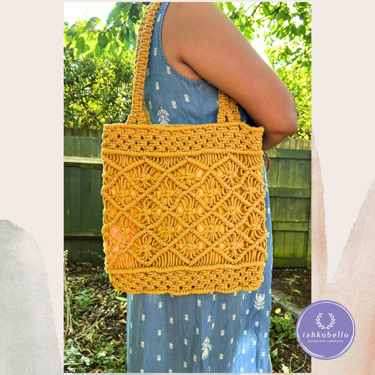 Mustard Macramé Tote Bag – Handwoven Cotton Shoulder Bag with Intricate Knot Design