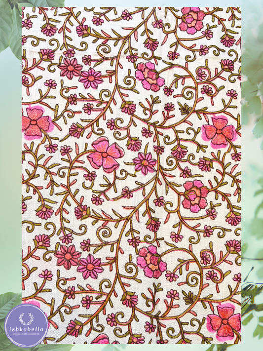Ari Embroidered 100% Cashmere Pashmina Stole – Ivory with Pink & Peach Floral Motifs | ishkabella