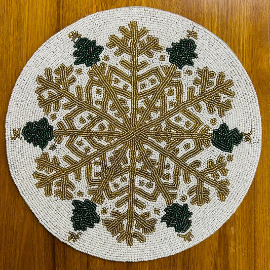 Handmade Beaded Placemat / Tablemat – 14" Round | Antique Gold & Silver snowflake design | White, Gold and Green colour