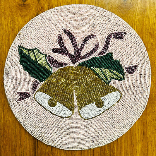 Handmade Beaded Placemat / Tablemat - 14" round | Jingle Bell & Holly Leaf Design | Gold, Pink and Green colour