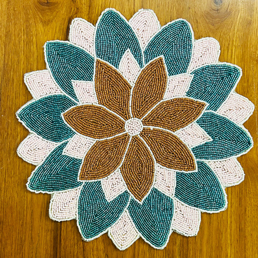 Handmade Beaded placemat / tablemat –  14" Round | Flourishing Floral Motif | Multicolour Pink, Brown & Green