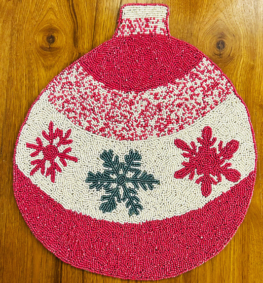Handmade Beaded Placemat / Tablemat – 14" Round | Christmas Ball Snowflake Ornament Design | Red, Green and Beige colour