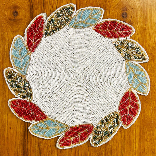 Handmade Beaded Placemat / Tablemat – 14" Round | Radiant Circle with Leaf Flare | White Centre, Red, Blue & Golden Leaves