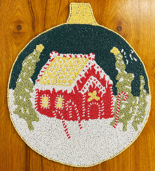 Handmade Beaded Placemat / Tablemat – 14" Round | Christmas Tree Bauble with Red Snowy House & Forest Scene | White, Red, Green & Yellow