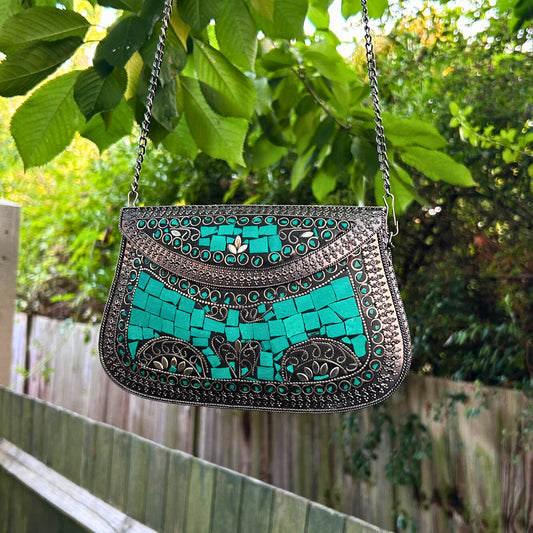 Embellished Green Mosaic Metal Sling Bag – Silver Base