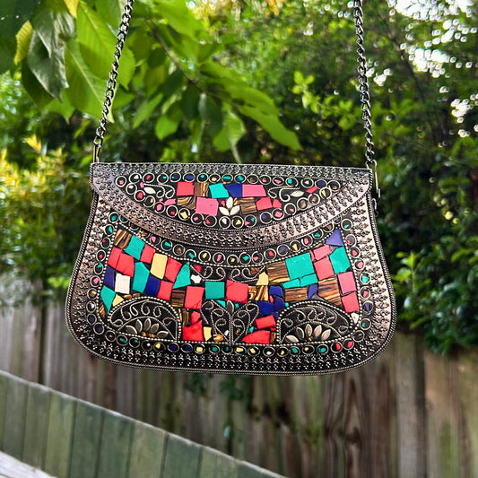 Embellished Mosaic Metal Sling Bag – Silver Base with Multicolour Stones