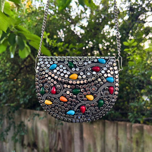 Mosaic Embellished Metal Sling Bag – Artistic Stonework
