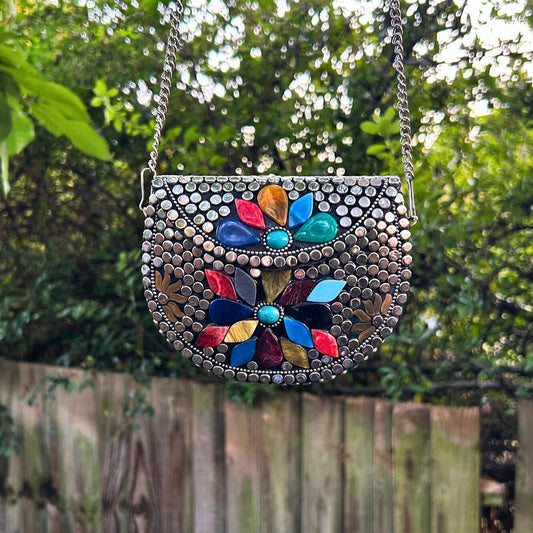 Floral Mosaic Metal Sling Bag – Embellished with Handcrafted Stone Blooms