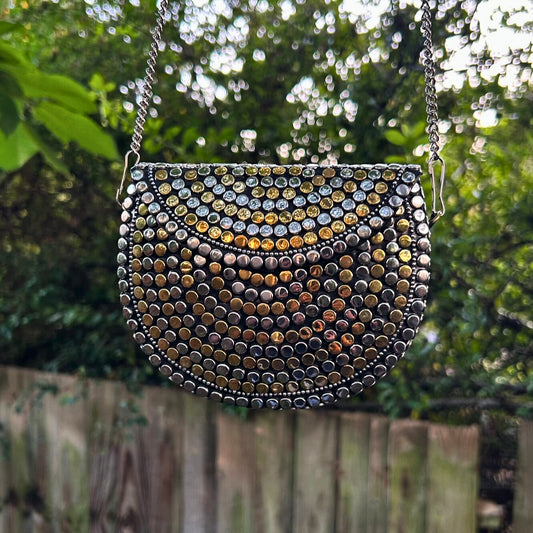 Silver & Gold Dot Metal Sling Bag – Semi-Circle Design